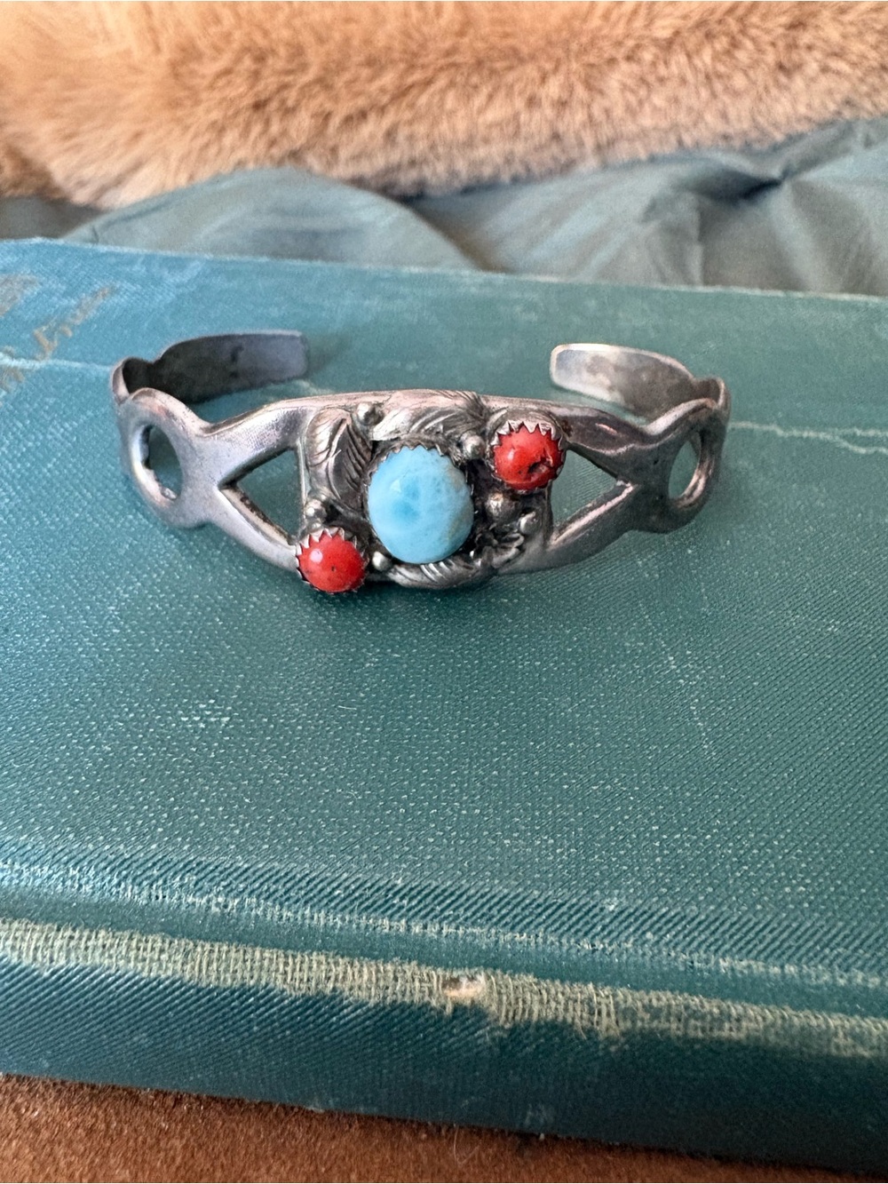 Vintage Sterling Silver Larimar Coral Cuff Bracelet